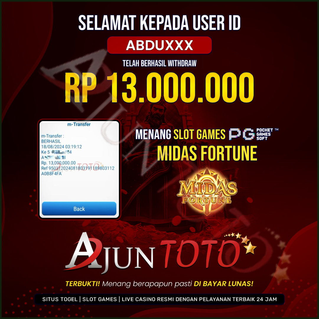 Selamat kepada user id ABDU*** Telah berhasil melakukan penarikan sebesar Rp. 13,000,000 di Situs Ajuntoto