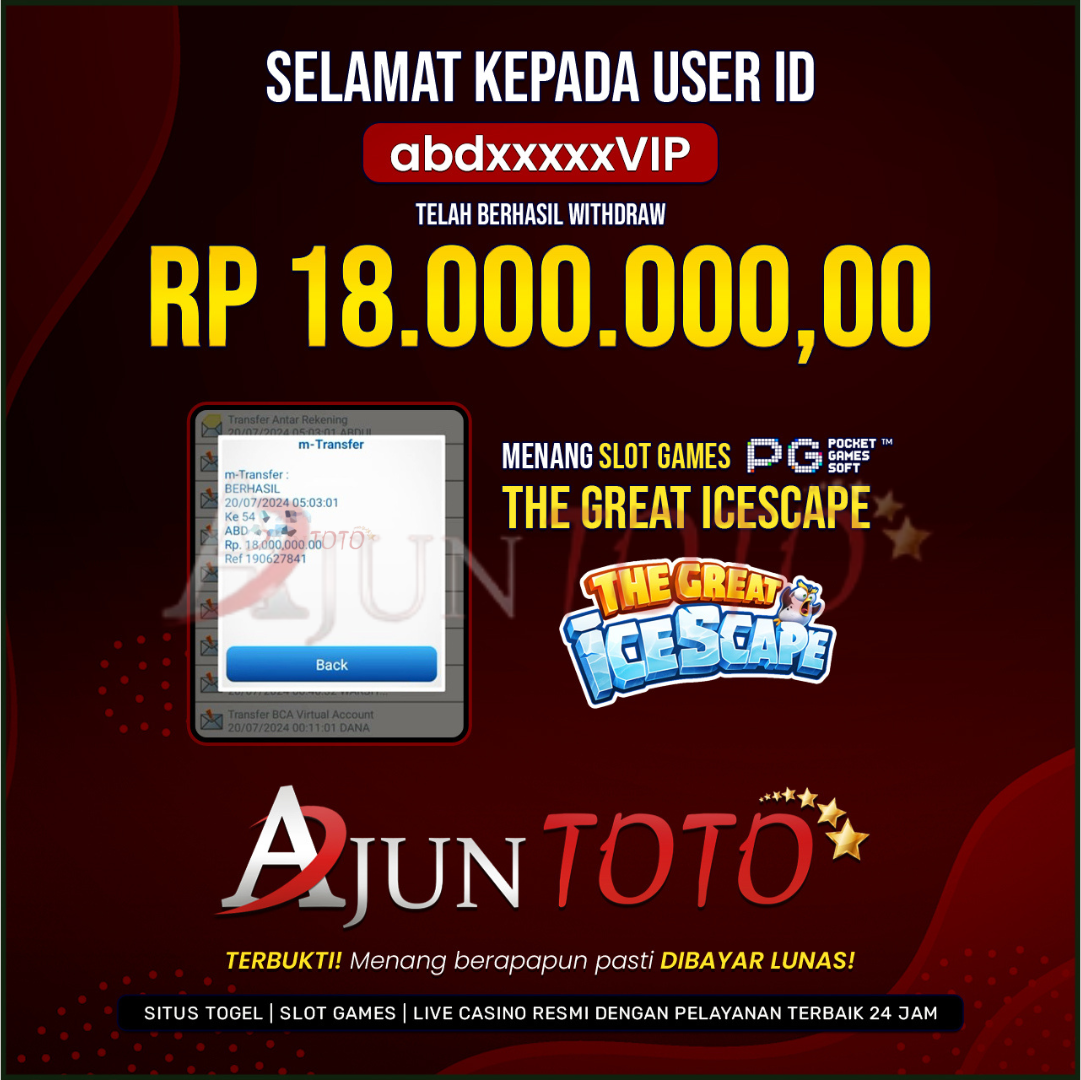 Selamat kepada user id abd*****vip Telah berhasil melakukan penarikan sebesar Rp. 18,000,000 di Situs Ajuntoto