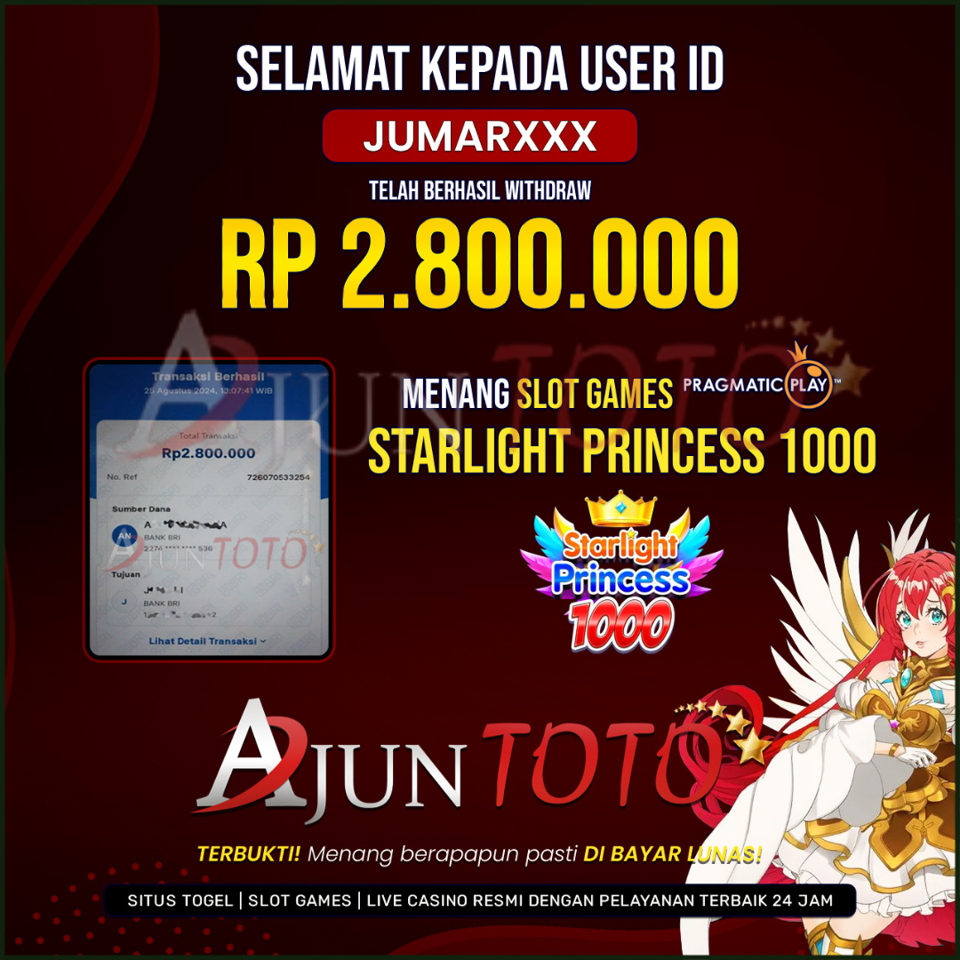 Selamat kepada user id jumar*** Telah berhasil melakukan penarikan sebesar Rp. 2,800,000 di Situs Ajuntoto