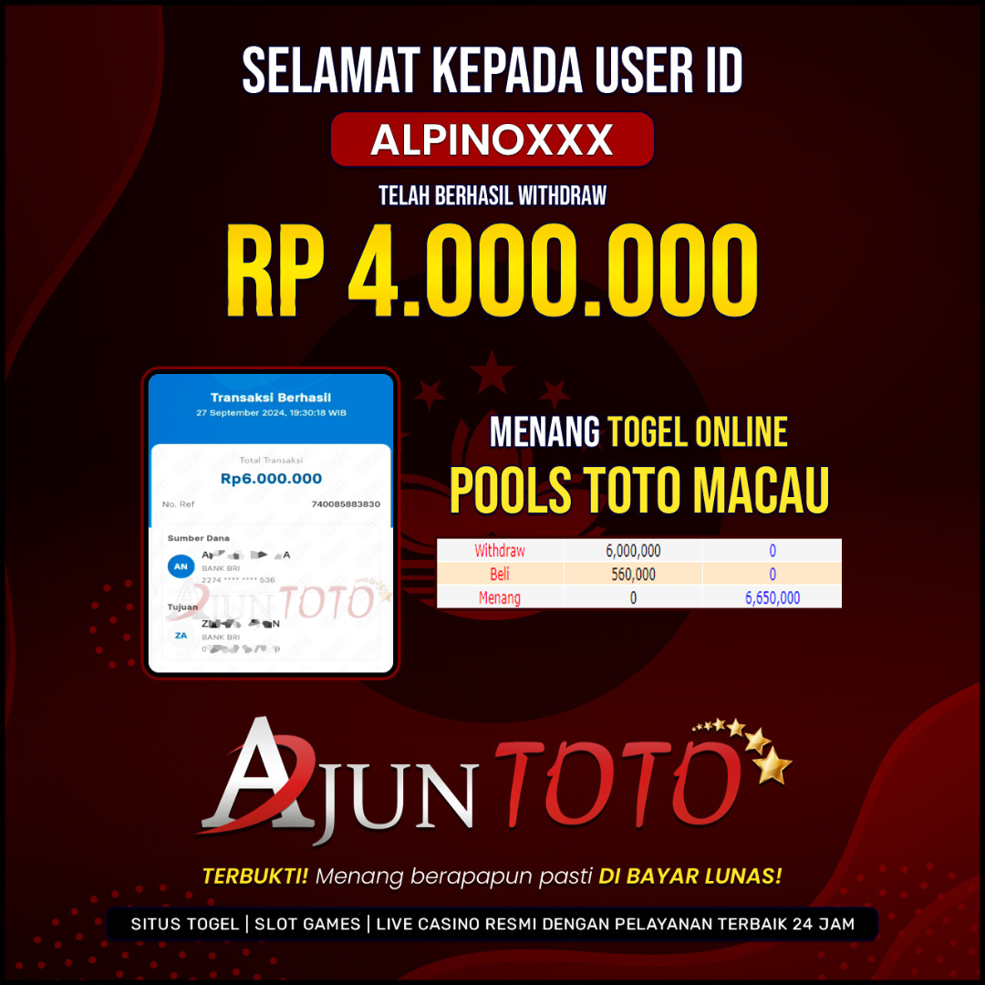 Selamat kepada user id alpino*** Telah berhasil melakukan penarikan sebesar Rp. 6,000,000 di Situs Ajuntoto