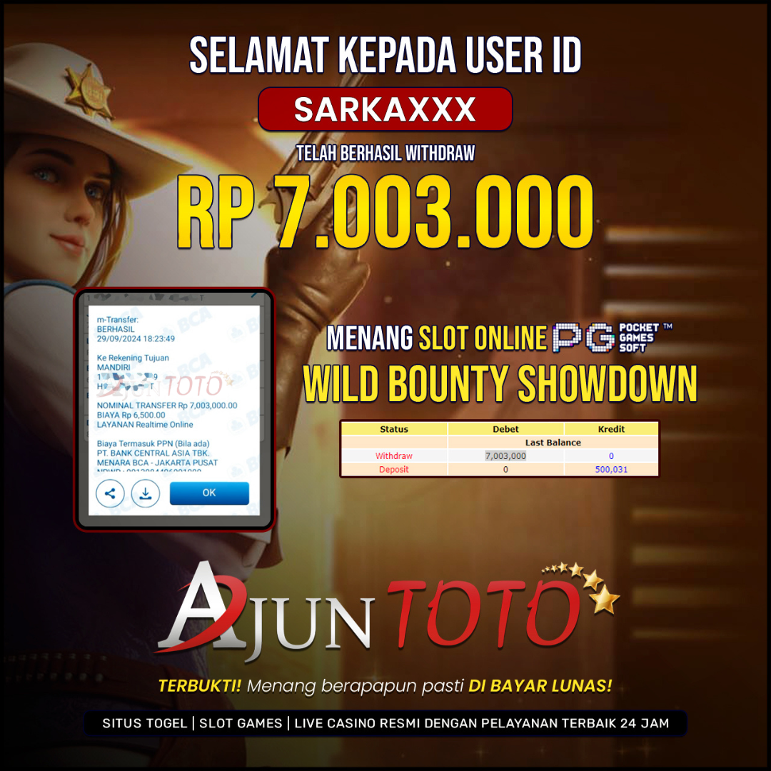 Selamat kepada user id SARKA*** Telah berhasil melakukan penarikan sebesar Rp. 7,003,000 di Situs Ajuntoto