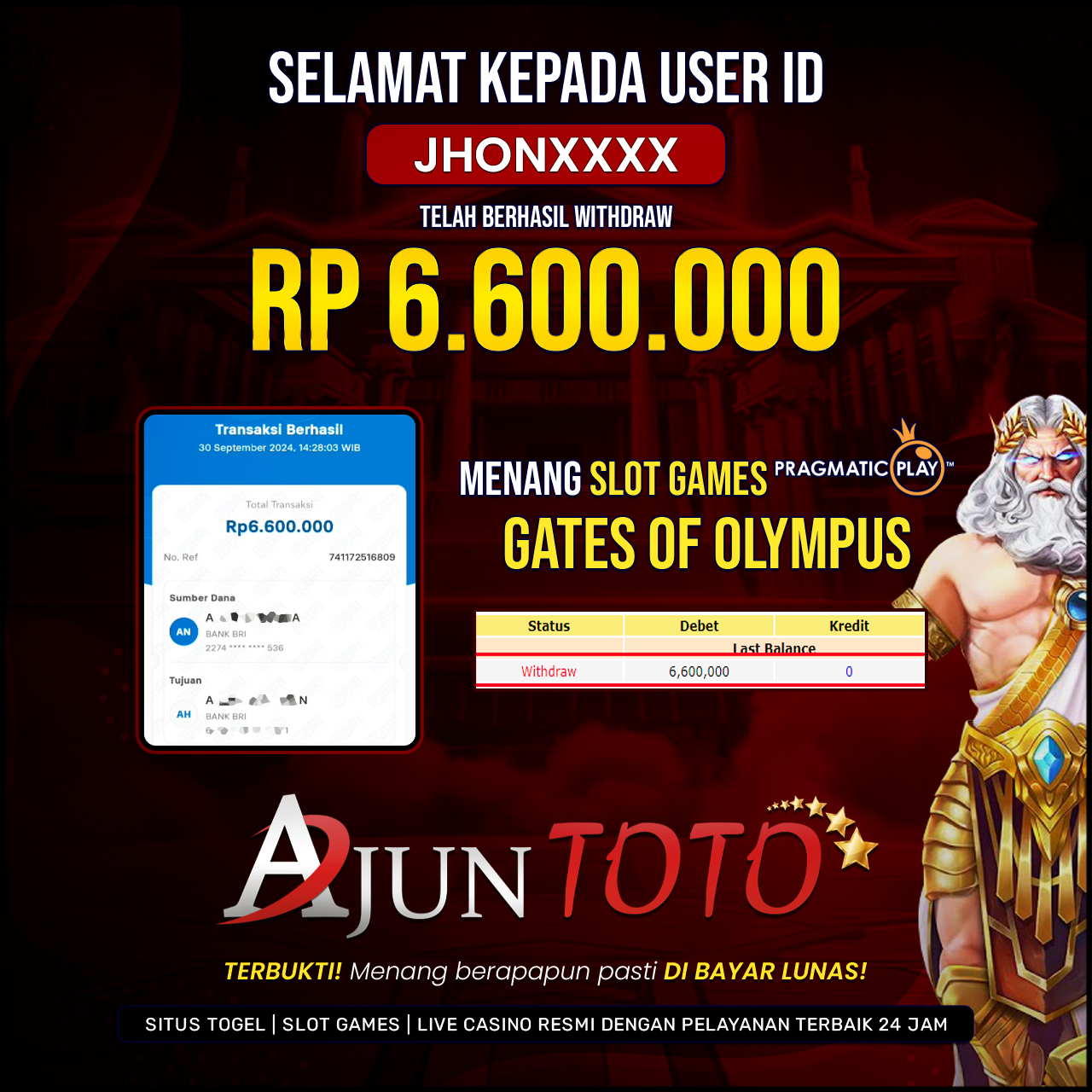 Selamat kepada user id JHON*** Telah berhasil melakukan penarikan sebesar Rp. 6,600,000 di Situs Ajuntoto