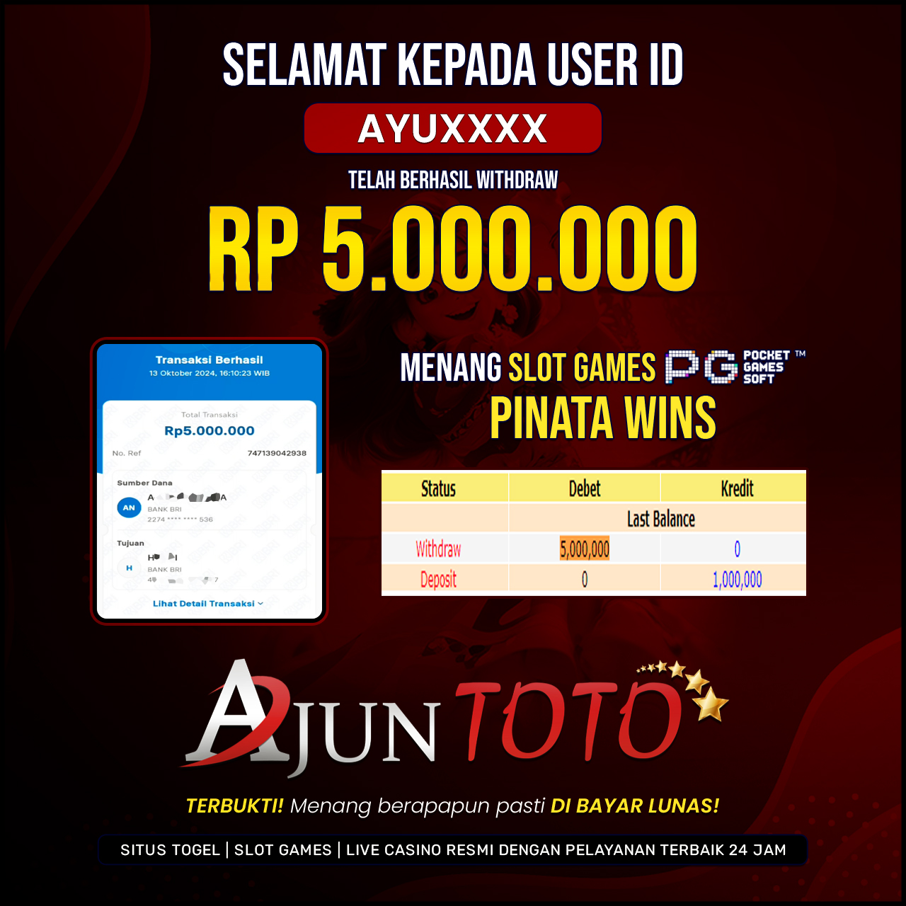 Selamat kepada user id AYU**** Telah berhasil melakukan penarikan sebesar Rp. 5,000,000 di Situs Ajuntoto