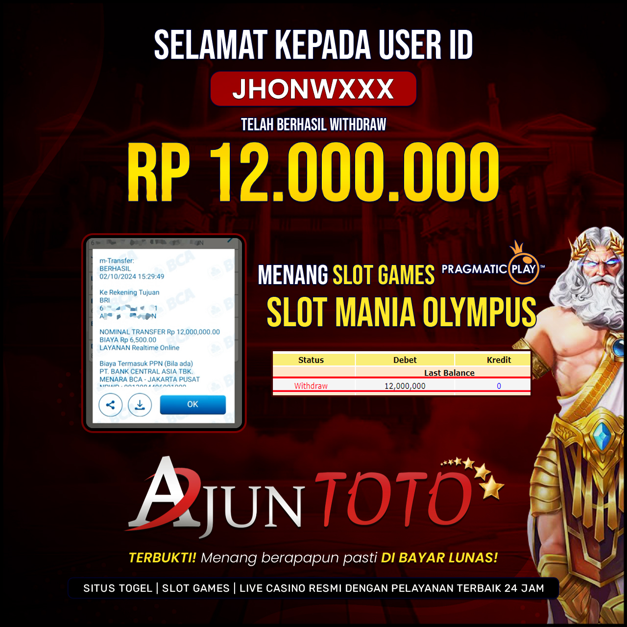 Selamat kepada user id jhonw*** Telah berhasil melakukan penarikan sebesar Rp. 12,000,000 di Situs Ajuntoto