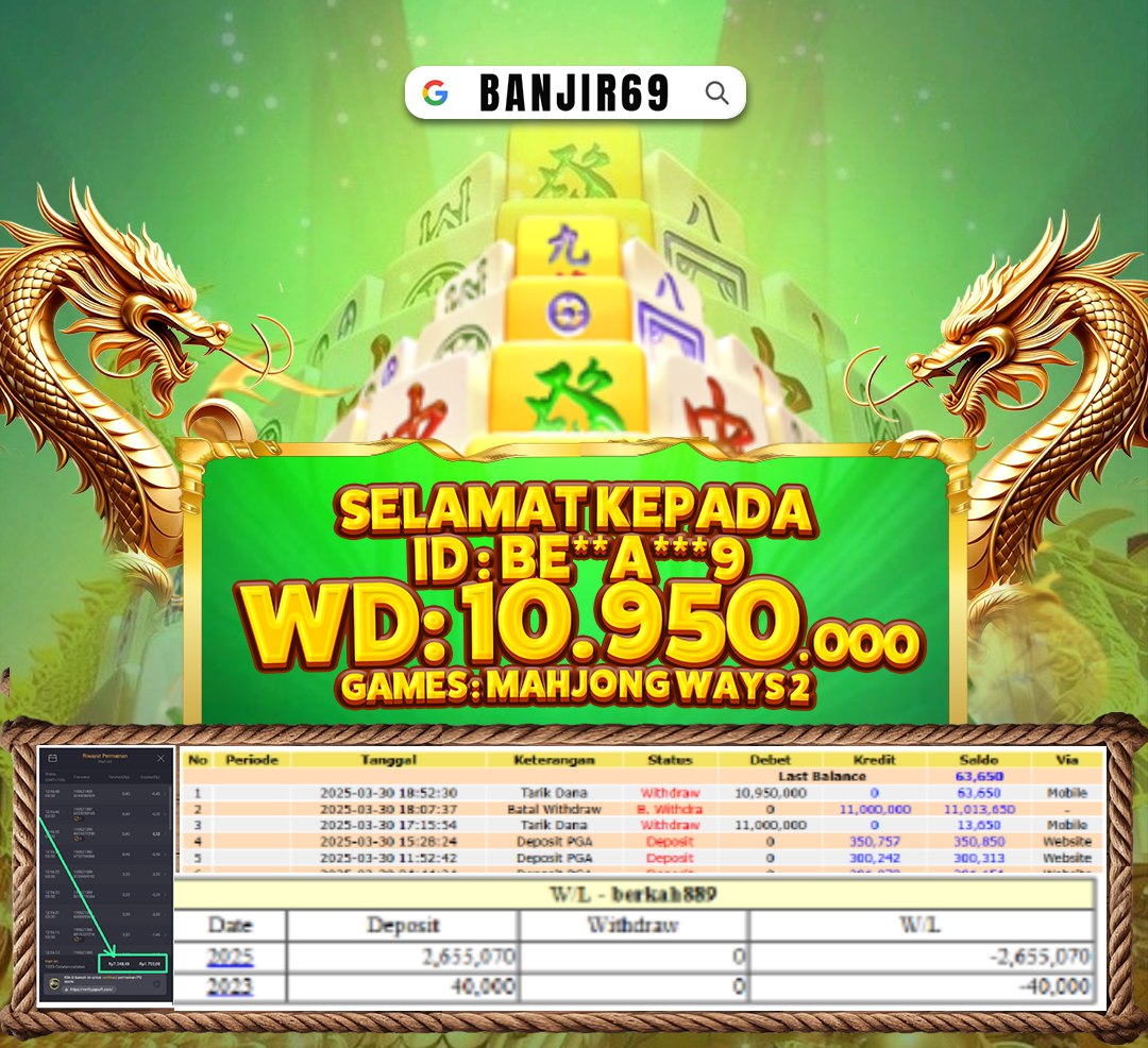 Selamat kepada user id: Be**a***9 Telah berhasil melakukan penarikan sebesar Rp. 10,950,000 di Situs Banjir69