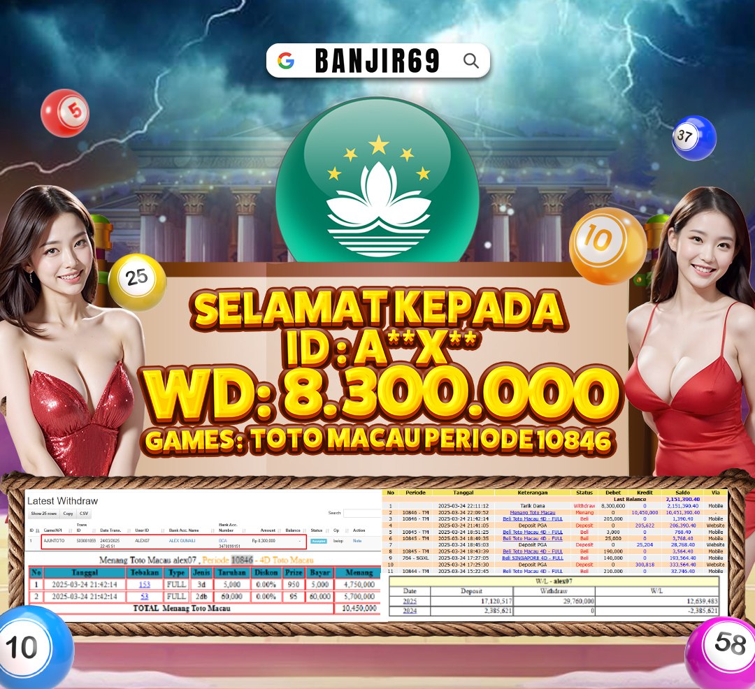Selamat kepada user id: A**X** Telah berhasil melakukan penarikan sebesar Rp. 8,300,000 di Situs Banjir69