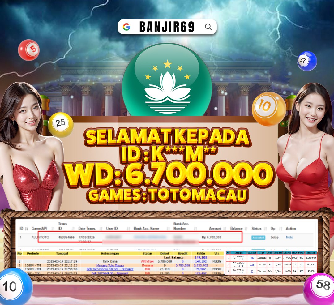 Selamat kepada user id: K***M** Telah berhasil melakukan penarikan sebesar Rp. 6,700,000 di Situs Banjir69