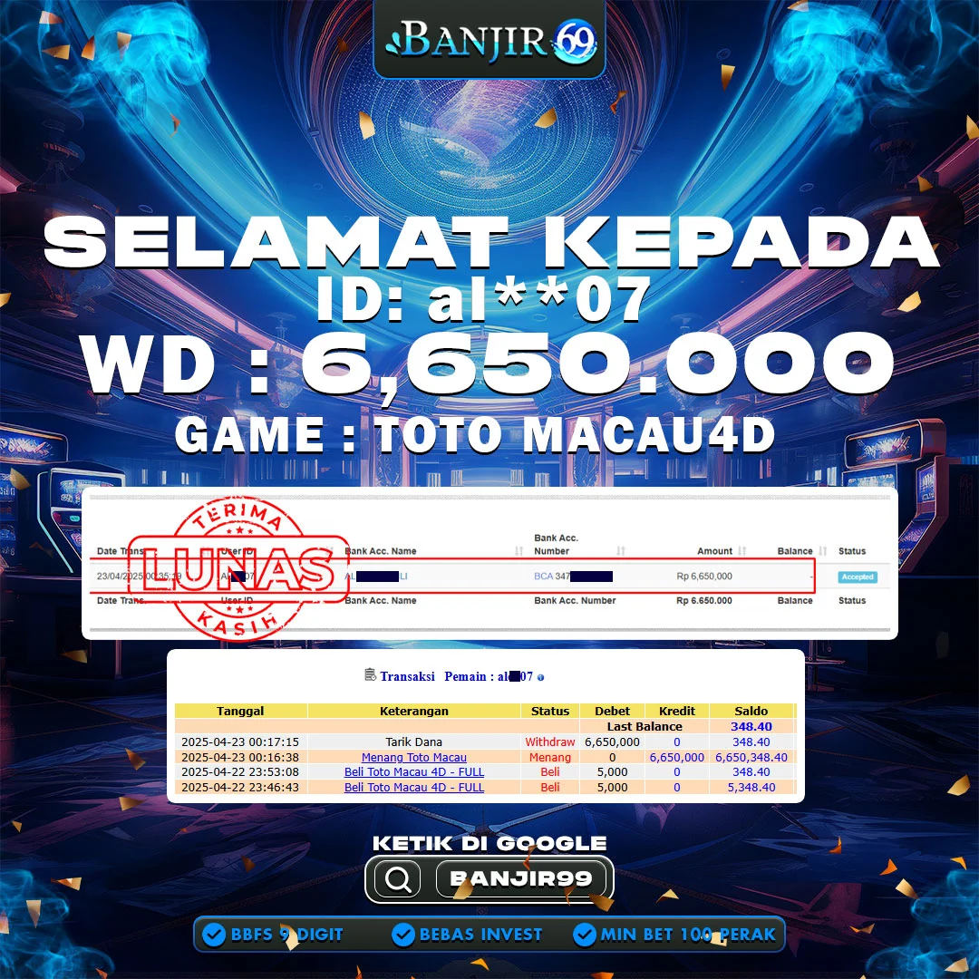 Selamat kepada user ID : AL**07 Telah berhasil melakukan penarikan sebesar Rp. 6,650,000 di Situs Banjir69