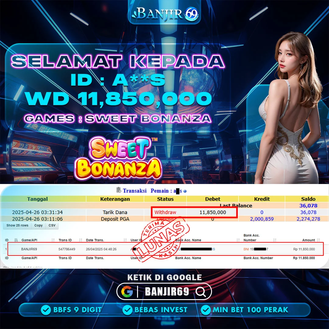 Selamat kepada user ID : A**S Telah berhasil melakukan penarikan sebesar Rp. 11,850,000 di Situs Banjir69