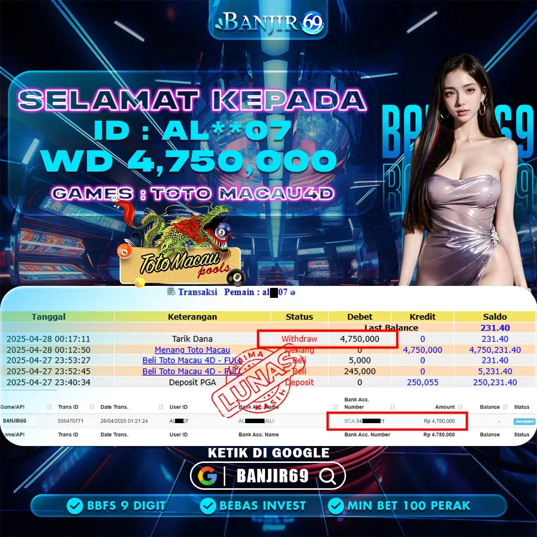 Selamat kepada user ID : AL**07 Telah berhasil melakukan penarikan sebesar Rp. 4,750,000 di Situs Banjir69