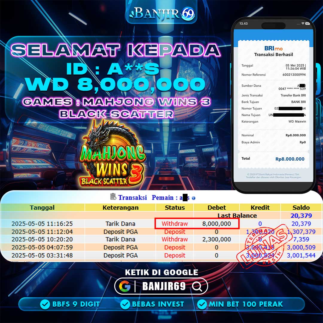 Selamat kepada user ID : A**S Telah berhasil melakukan penarikan sebesar Rp. 8,000,000 di Situs Banjir69