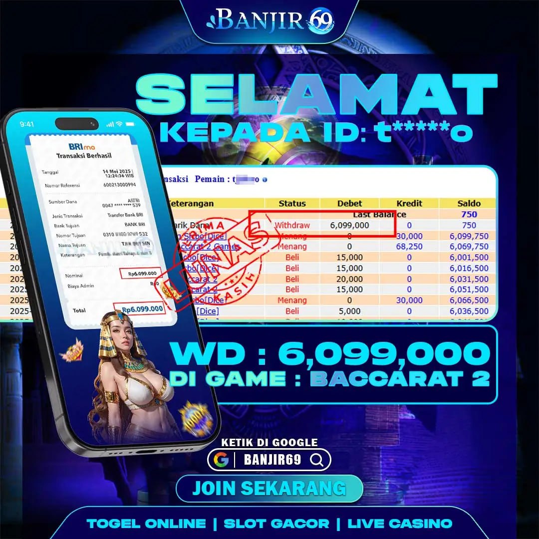 Selamat kepada user ID : T*****O Telah berhasil melakukan penarikan sebesar Rp. 6,099,000 di Situs Banjir69